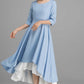 Blue Linen Swing High-Low Dress with White Chiffon Hem 2360