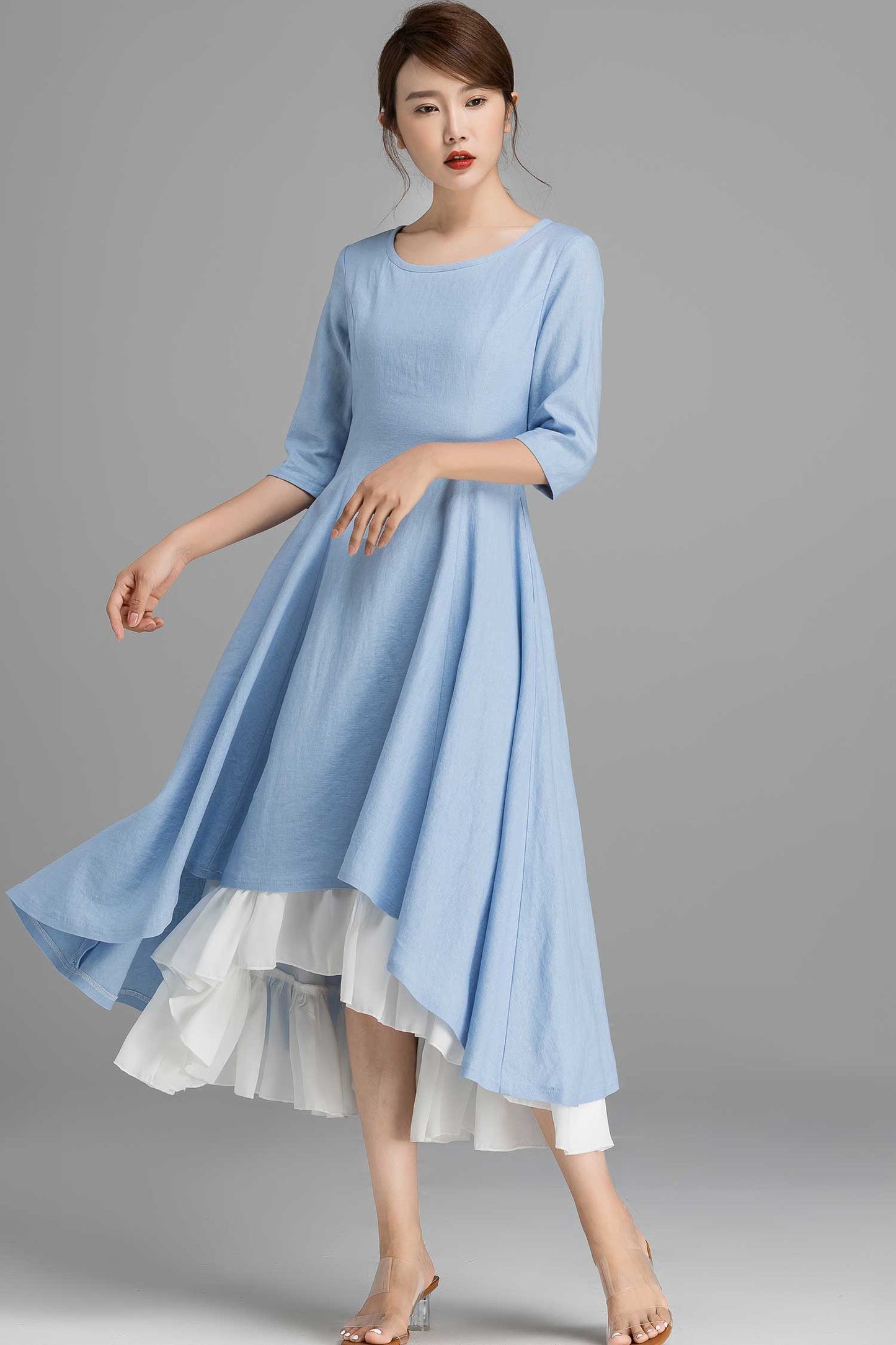 Blue Linen Swing High-Low Dress with White Chiffon Hem 2360