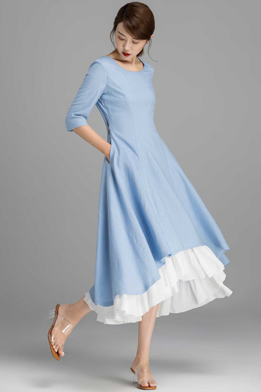 Blue Linen Swing High-Low Dress with White Chiffon Hem 2360