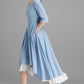 Blue Linen Swing High-Low Dress with White Chiffon Hem 2360