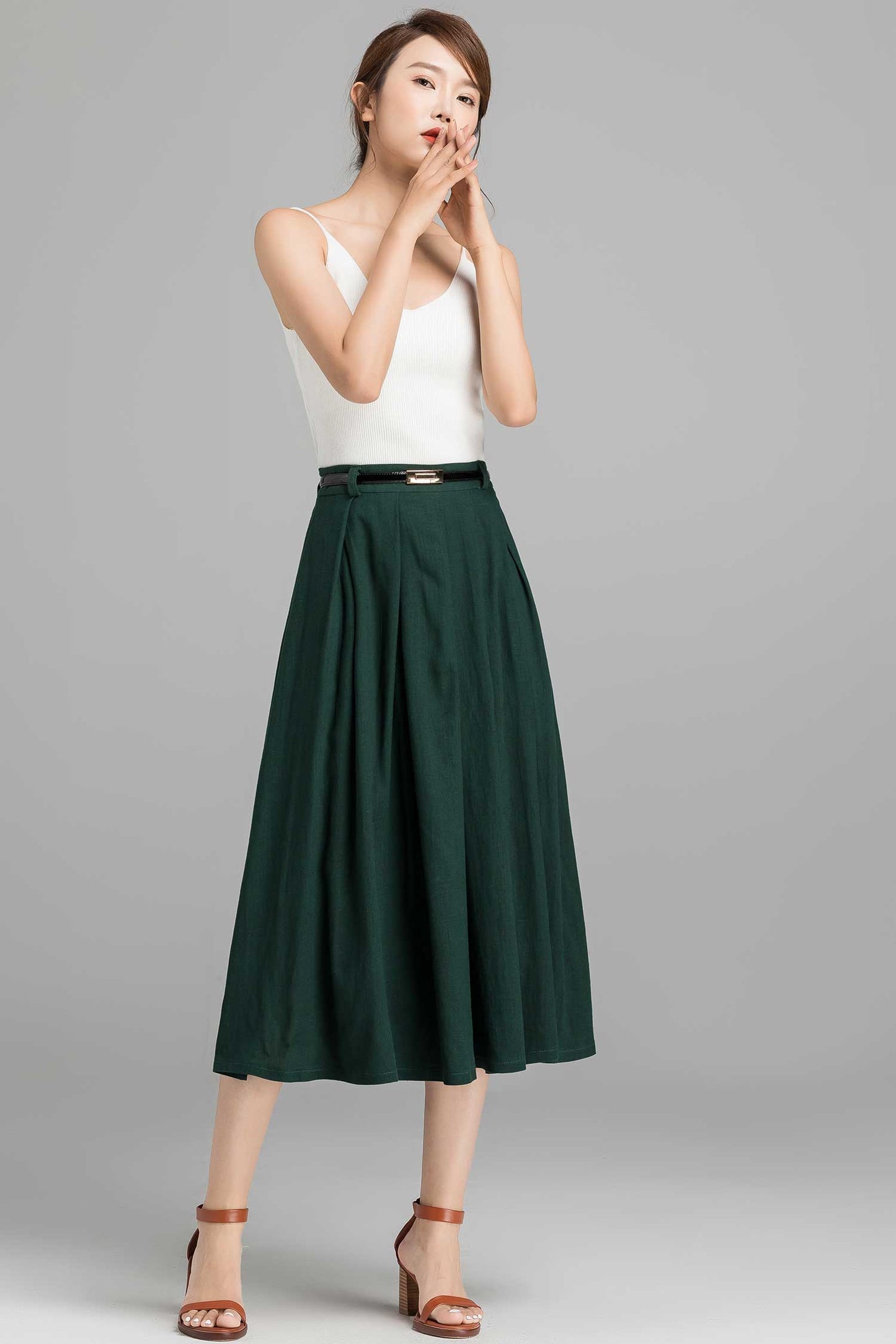 Blue Linen Cotton Blend A-Line Midi Skirt - Pleated Elegance 1591