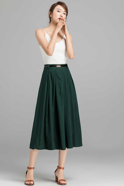 Blue Linen Cotton Blend A-Line Midi Skirt - Pleated Elegance 1591
