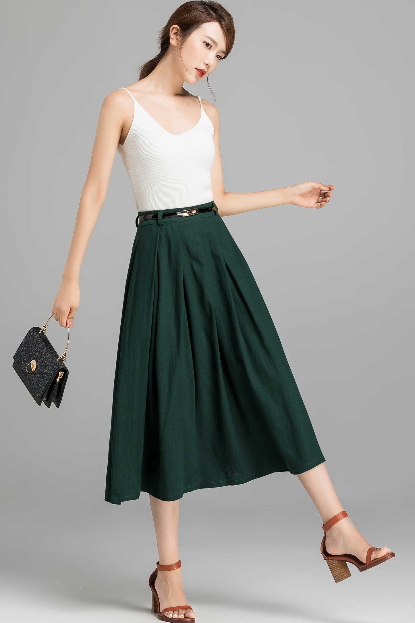 Blue Linen Cotton Blend A-Line Midi Skirt - Pleated Elegance 1591