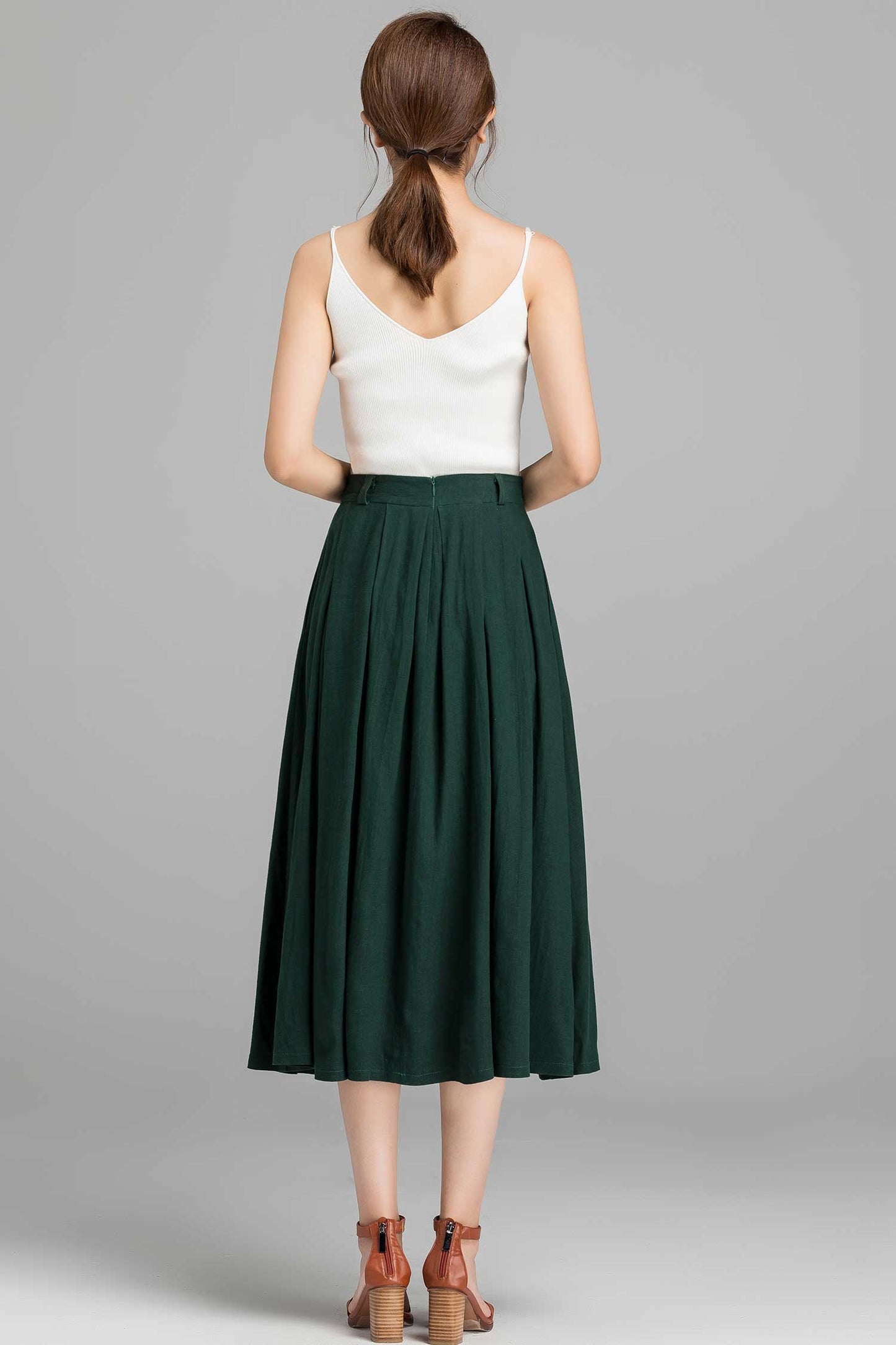 Blue Linen Cotton Blend A-Line Midi Skirt - Pleated Elegance 1591