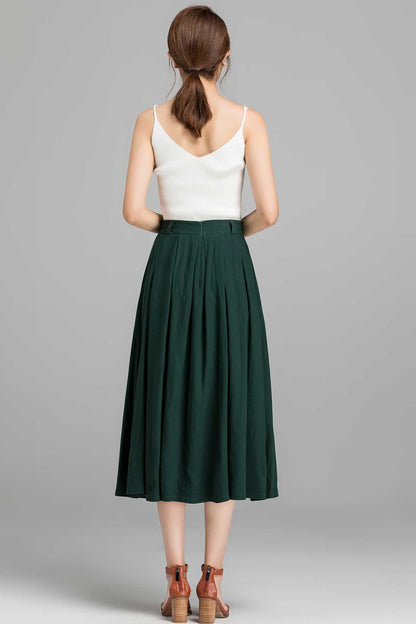 Blue Linen Cotton Blend A-Line Midi Skirt - Pleated Elegance 1591