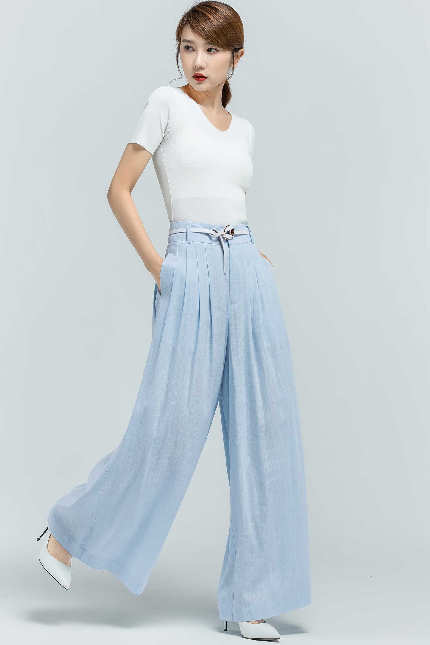 Light blue palazzo long linen pants 2374
