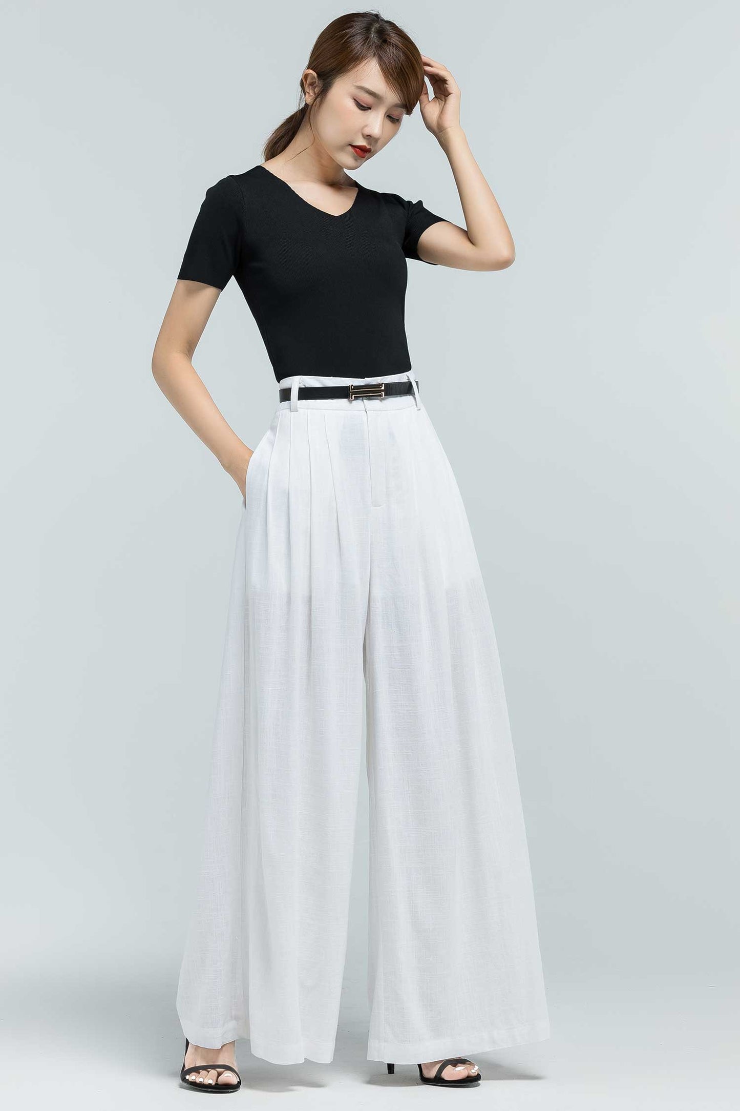 White Linen Palazzo Pants - Wide Leg, Pleated Comfort 2377