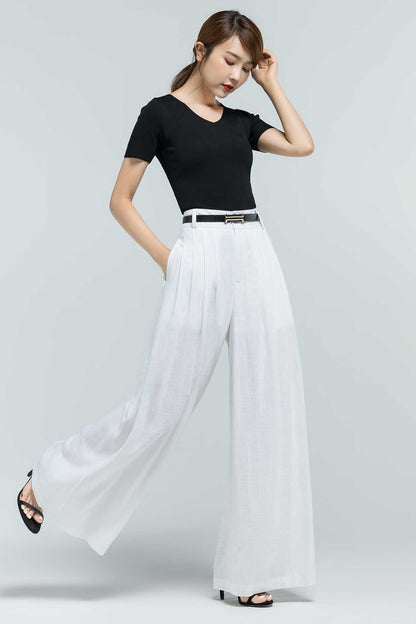 White Linen Palazzo Pants - Wide Leg, Pleated Comfort 2377
