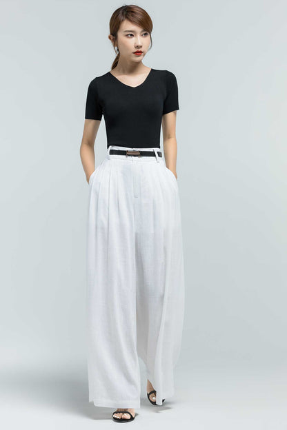 White Linen Palazzo Pants - Wide Leg, Pleated Comfort 2377