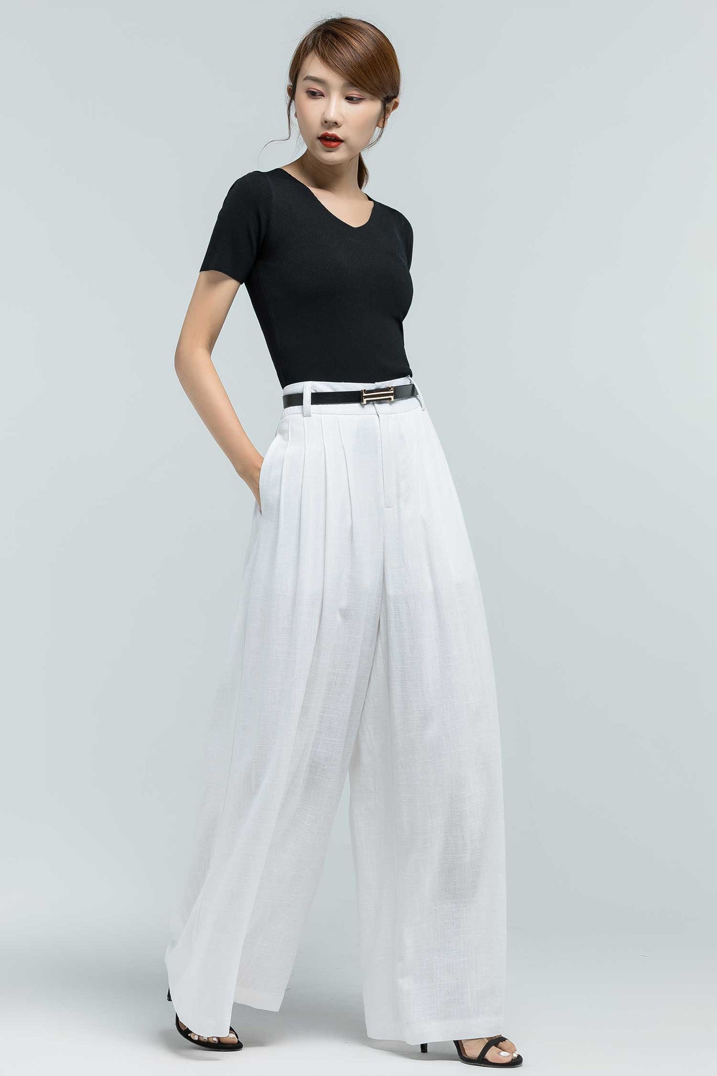 White Linen Palazzo Pants - Wide Leg, Pleated Comfort 2377