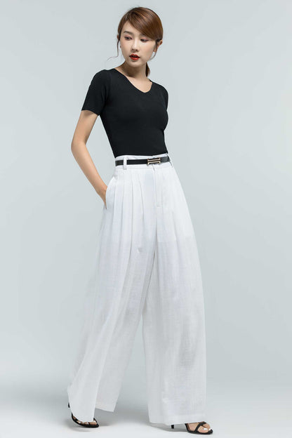 White Linen Palazzo Pants - Wide Leg, Pleated Comfort 2377