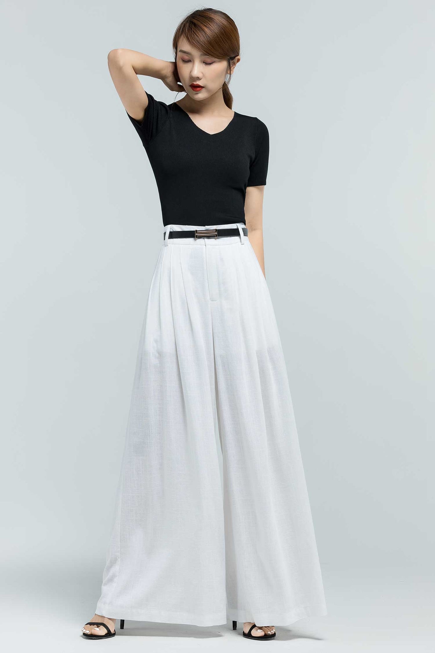 White Linen Palazzo Pants - Wide Leg, Pleated Comfort 2377