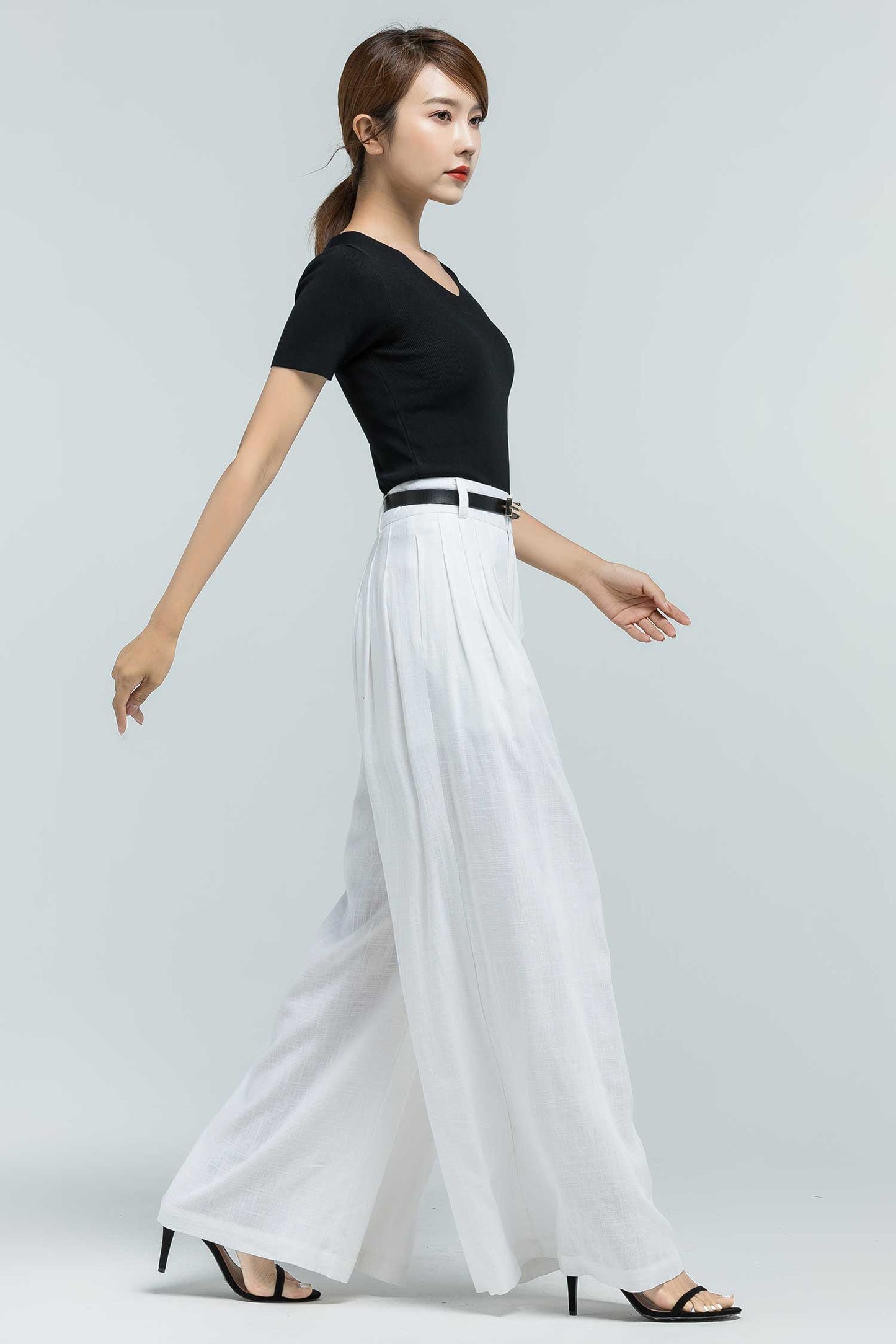 White Linen Palazzo Pants - Wide Leg, Pleated Comfort 2377