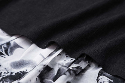 Black Linen High-Low Dress – Elegant Midi with Printed Chiffon Hem 2379