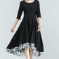 Black Linen High-Low Dress – Elegant Midi with Printed Chiffon Hem 2379