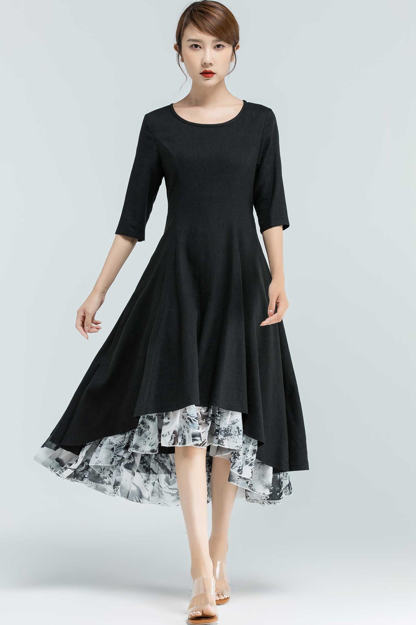 Black Linen High-Low Dress – Elegant Midi with Printed Chiffon Hem 2379