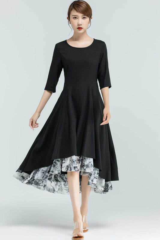 Black Linen High-Low Dress – Elegant Midi with Printed Chiffon Hem 2379