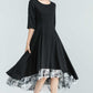 Black Linen High-Low Dress – Elegant Midi with Printed Chiffon Hem 2379