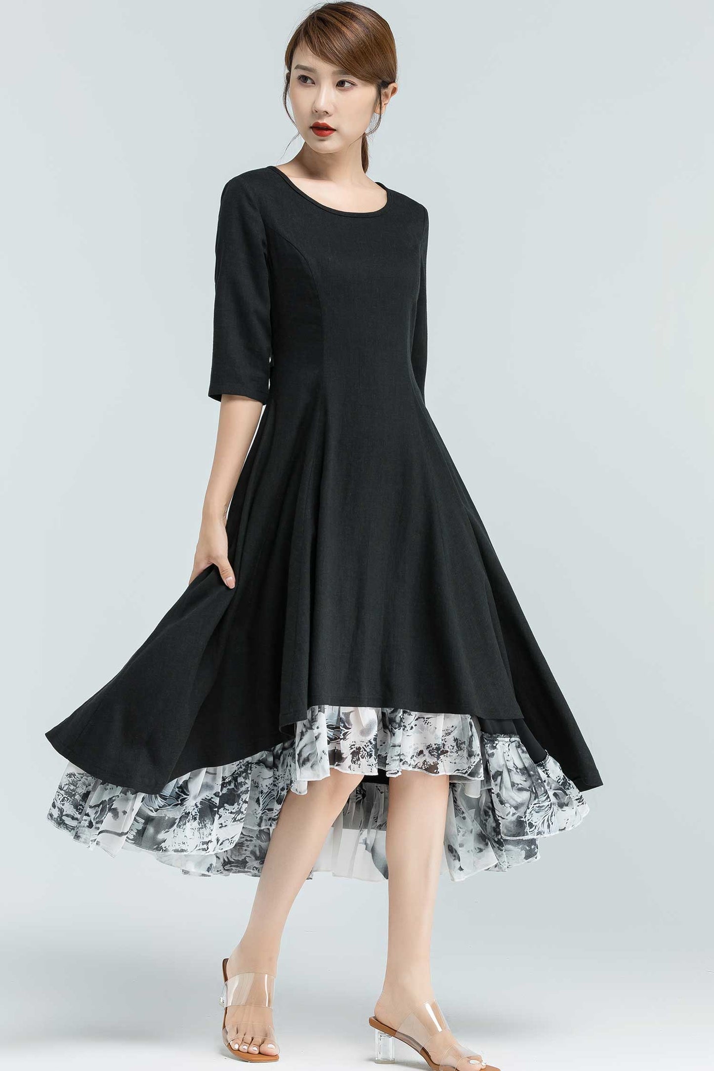 Black Linen High-Low Dress – Elegant Midi with Printed Chiffon Hem 2379