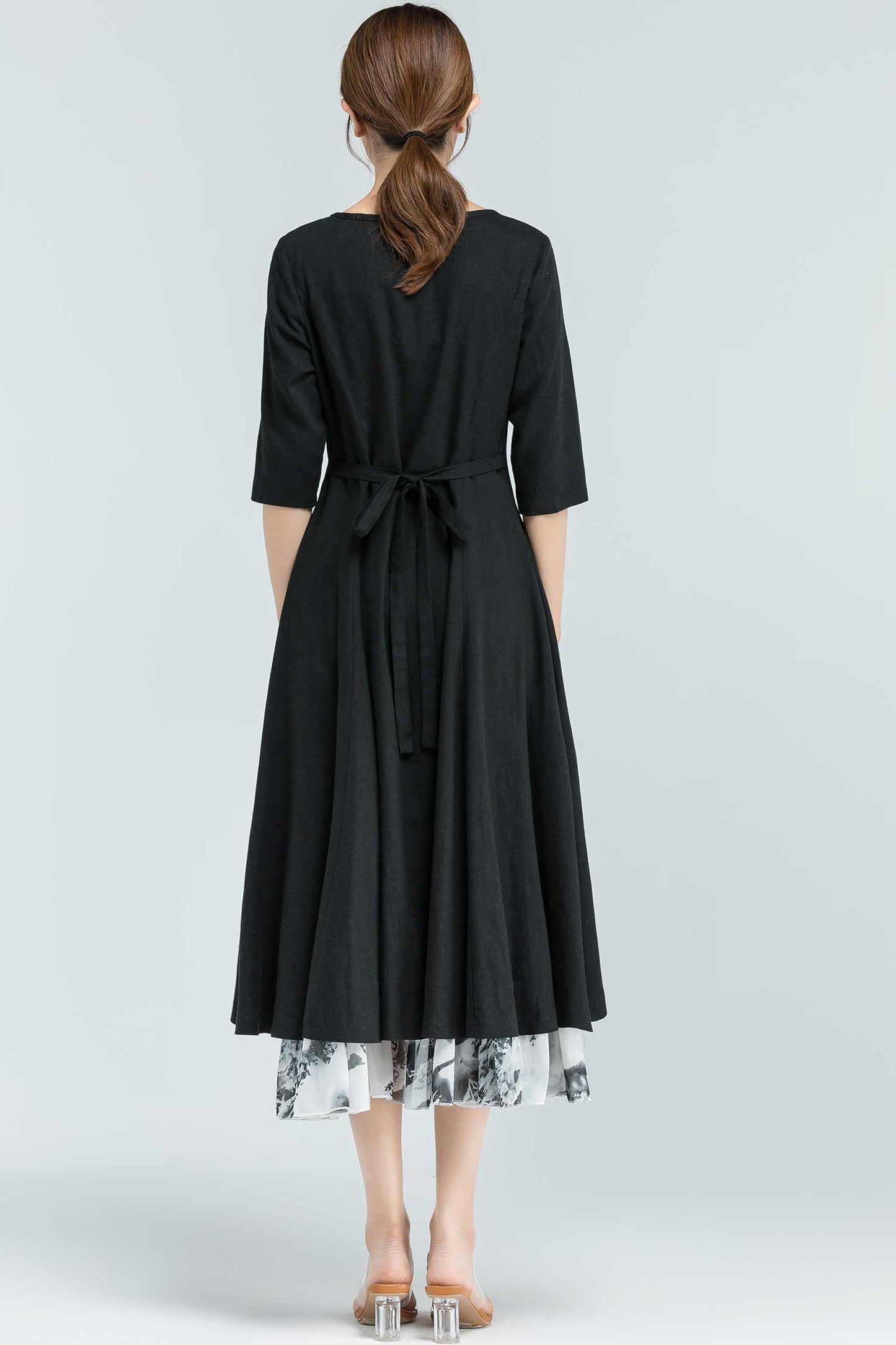 Black Linen High-Low Dress – Elegant Midi with Printed Chiffon Hem 2379