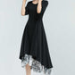 Black Linen High-Low Dress – Elegant Midi with Printed Chiffon Hem 2379