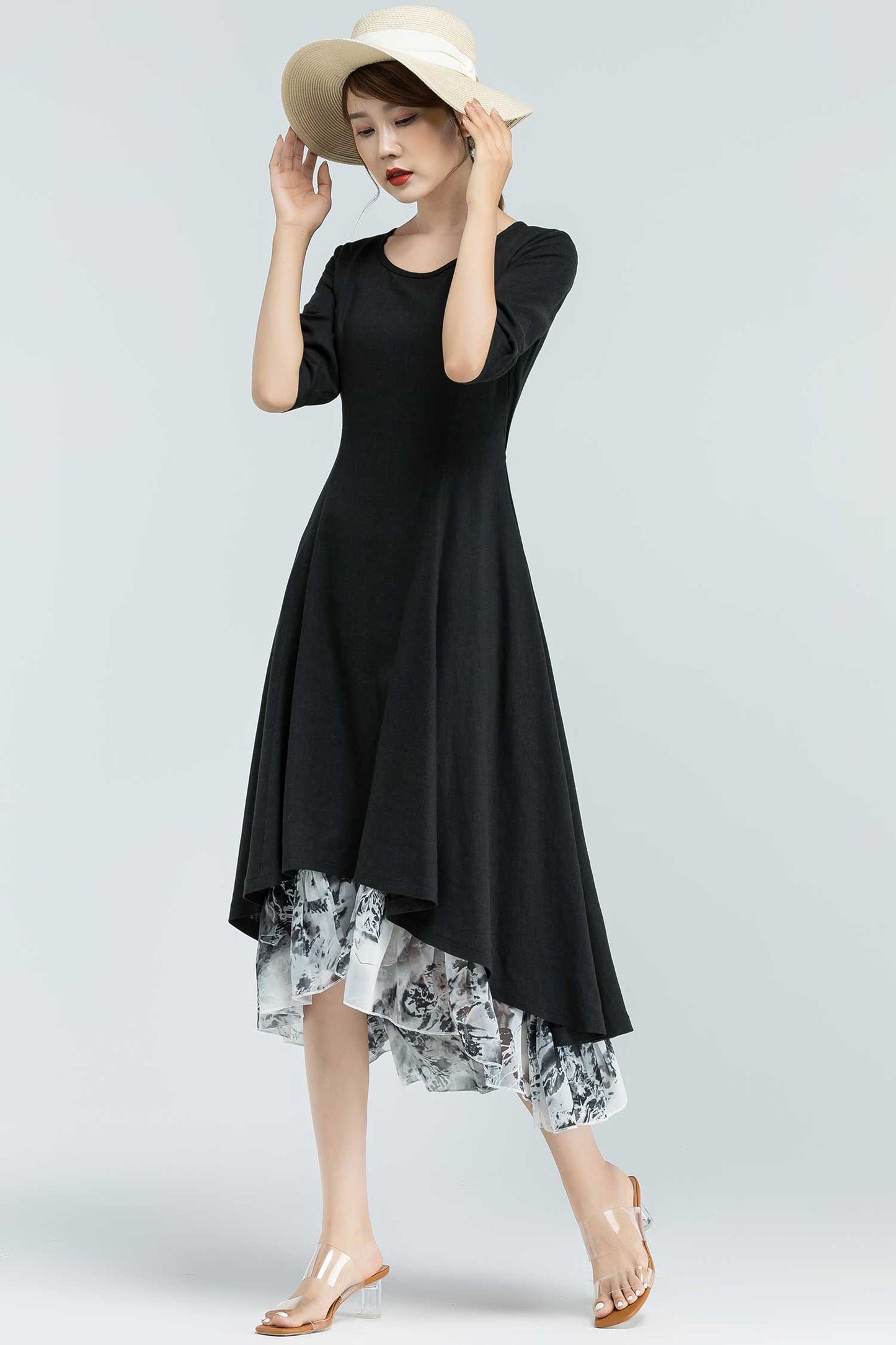 Black Linen High-Low Dress – Elegant Midi with Printed Chiffon Hem 2379