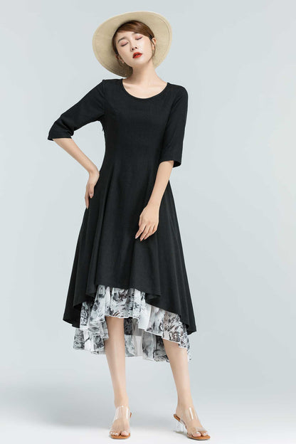 Black Linen High-Low Dress – Elegant Midi with Printed Chiffon Hem 2379