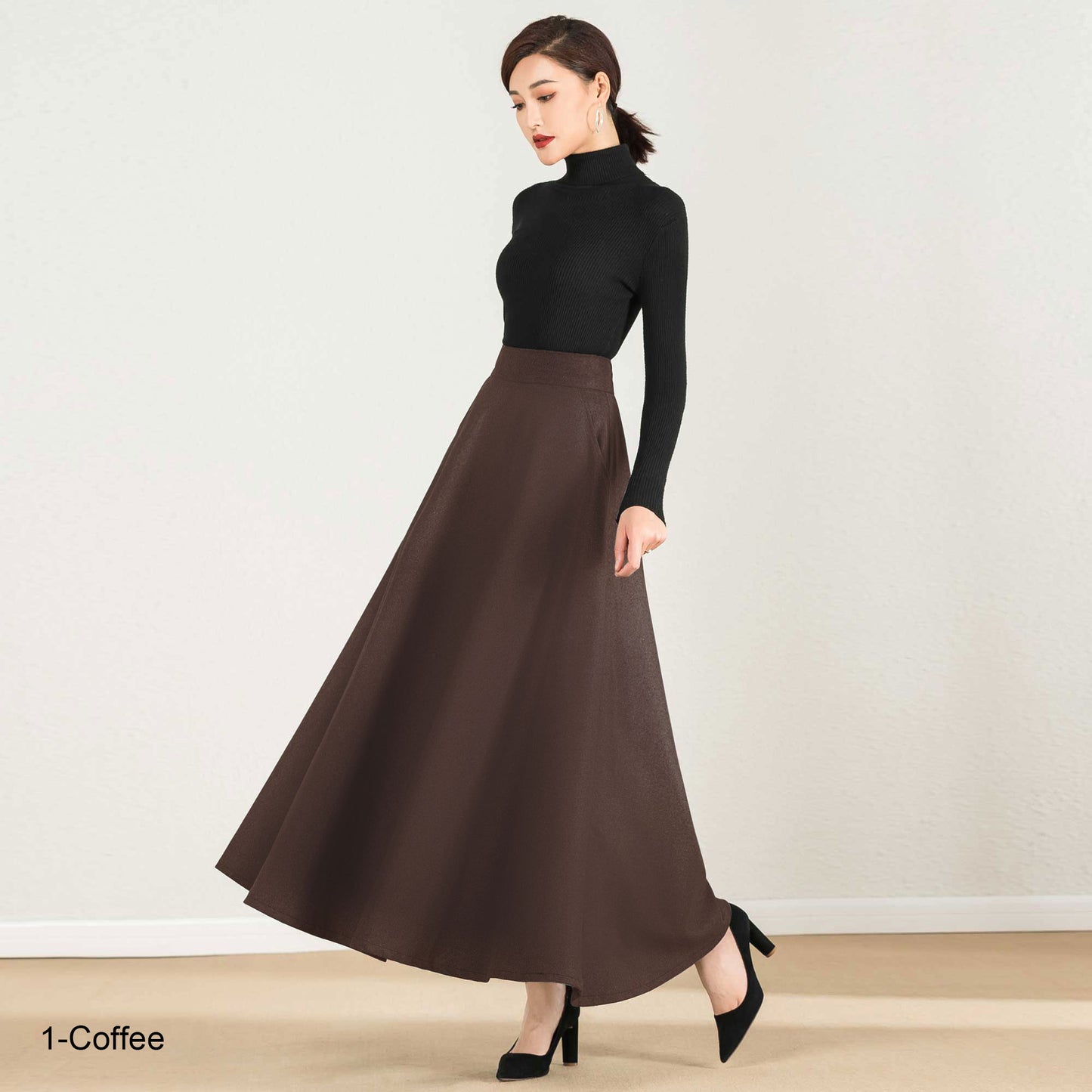 Vintage Inspired Grey Wool Maxi Skirt with Pockets – 1950s Retro A-Line Winter Skirt 2437