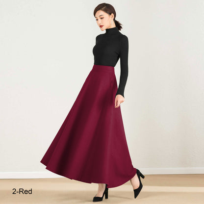 Vintage Inspired Grey Wool Maxi Skirt with Pockets – 1950s Retro A-Line Winter Skirt 2437