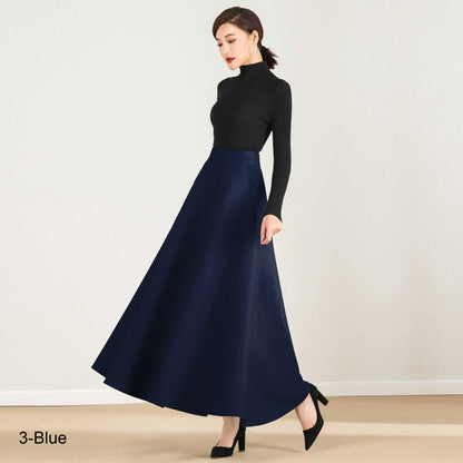 Vintage Inspired Grey Wool Maxi Skirt with Pockets – 1950s Retro A-Line Winter Skirt 2437