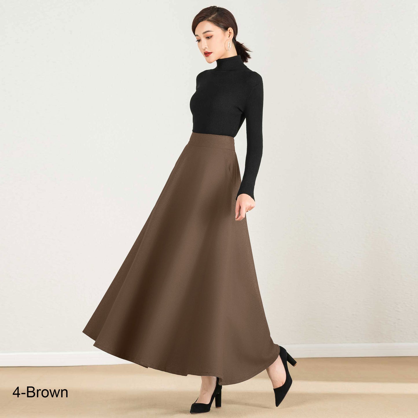 Vintage Inspired Grey Wool Maxi Skirt with Pockets – 1950s Retro A-Line Winter Skirt 2437
