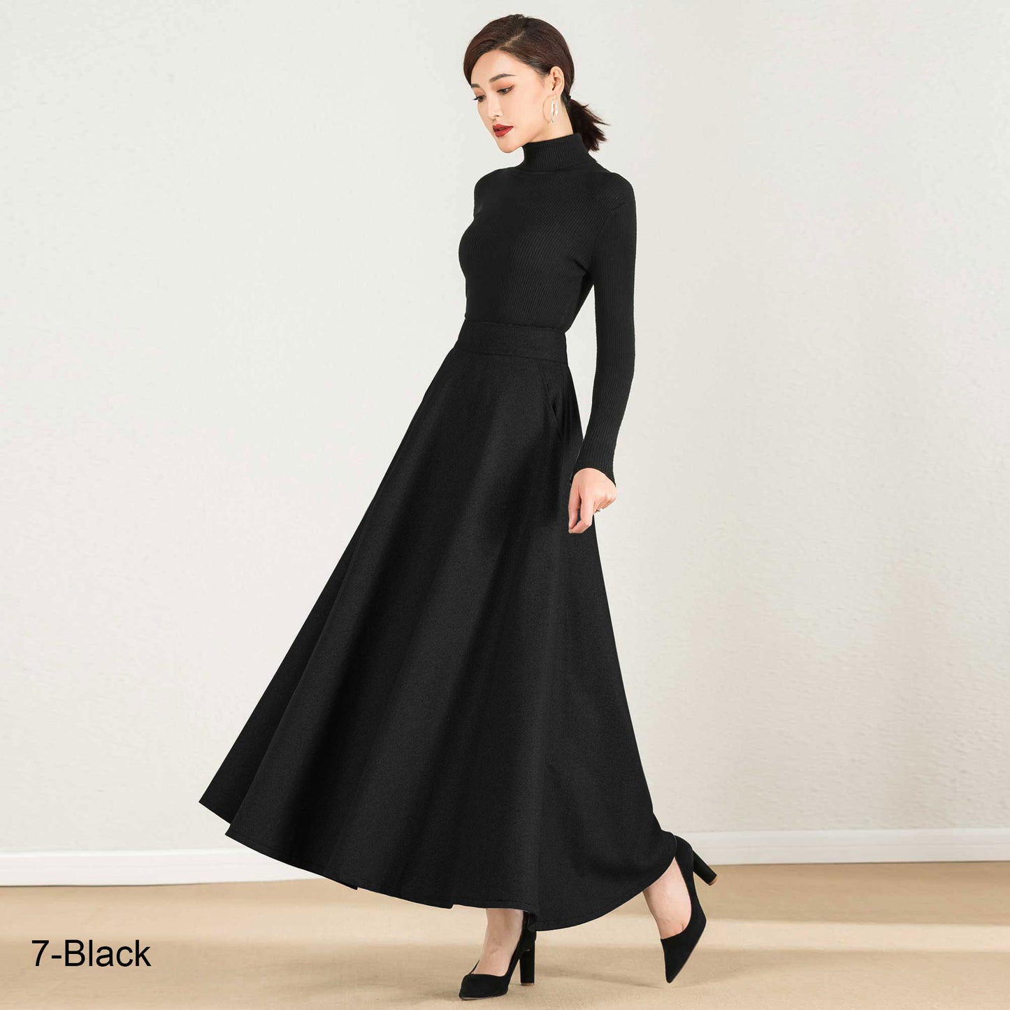 Vintage Inspired Grey Wool Maxi Skirt with Pockets – 1950s Retro A-Line Winter Skirt 2437
