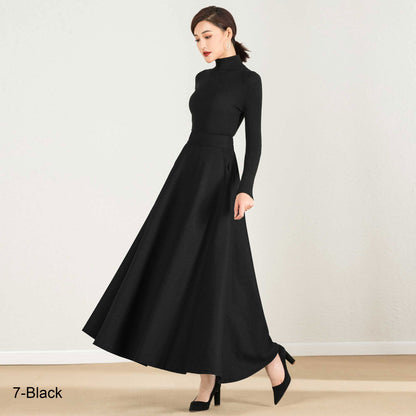 Vintage Inspired Grey Wool Maxi Skirt with Pockets – 1950s Retro A-Line Winter Skirt 2437