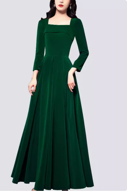 Emerald Velvet Maxi Dress - Square Neckline, 3/4 Sleeves 4799