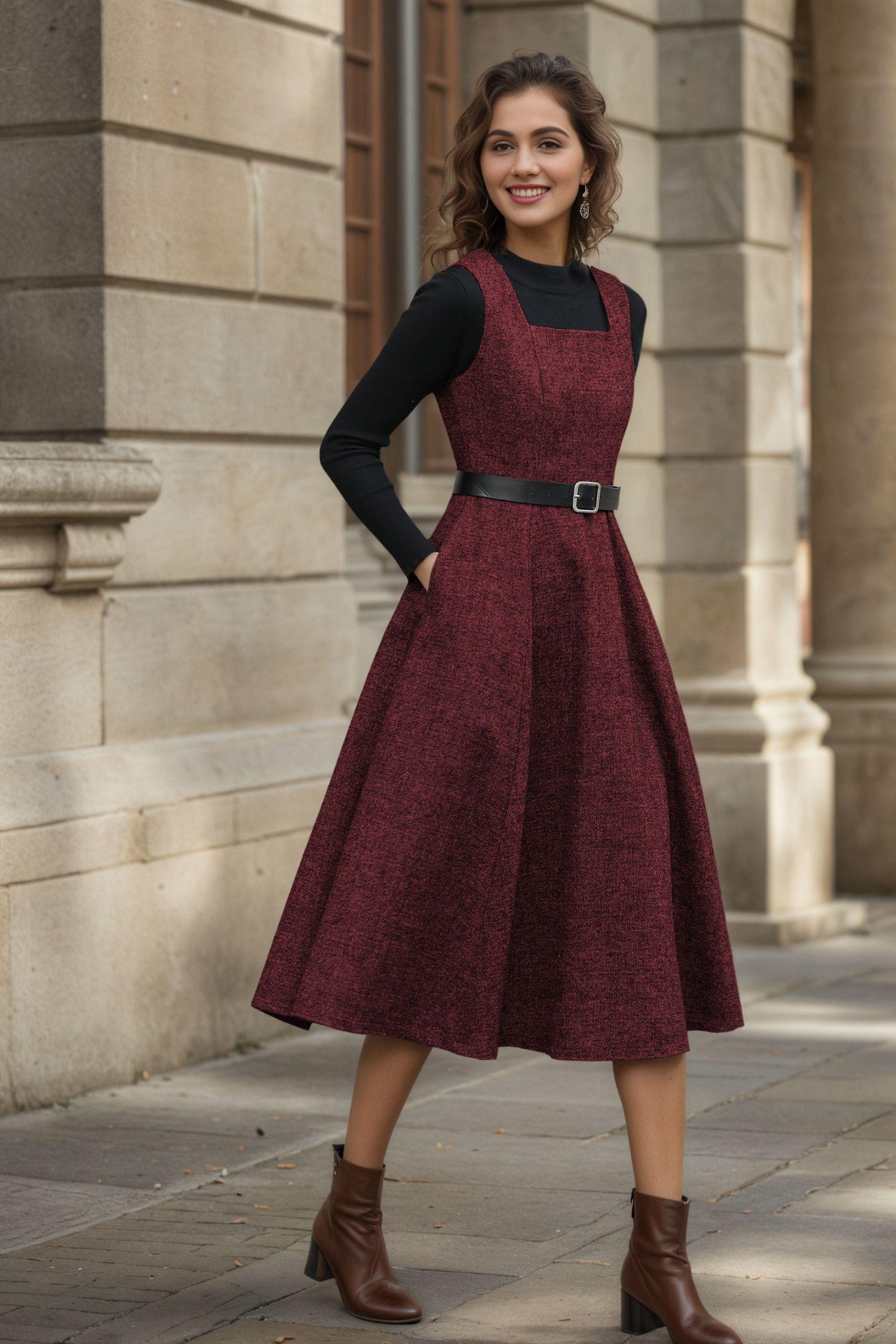 Grey Wool Pinafore Midi Dress with Vintage-Inspired A-Line Silhouette 6559 Gray / XS