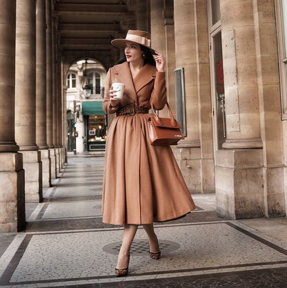 Elegant Camel Wool Blend Coat – Handmade Fit & Flare Midi Winter Coat | Xiaolizi 2544