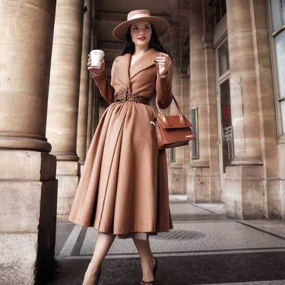 Elegant Camel Wool Blend Coat – Handmade Fit & Flare Midi Winter Coat | Xiaolizi 2544