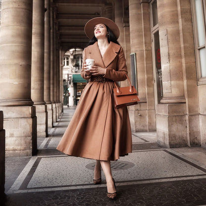 Elegant Camel Wool Blend Coat – Handmade Fit & Flare Midi Winter Coat | Xiaolizi 2544