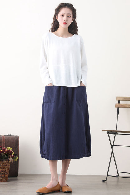 Navy Linen Bubble Skirt with Elastic Waist and Pockets 2579