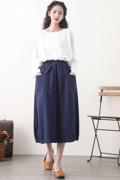Navy Linen Bubble Skirt with Elastic Waist and Pockets 2579