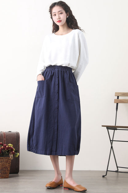 Navy Linen Bubble Skirt with Elastic Waist and Pockets 2579