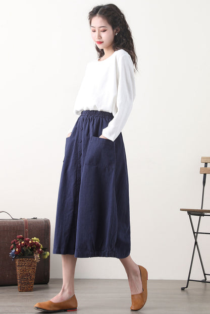 Navy Linen Bubble Skirt with Elastic Waist and Pockets 2579