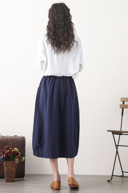 Navy Linen Bubble Skirt with Elastic Waist and Pockets 2579