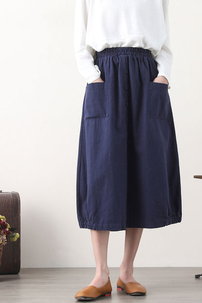 Navy Linen Bubble Skirt with Elastic Waist and Pockets 2579