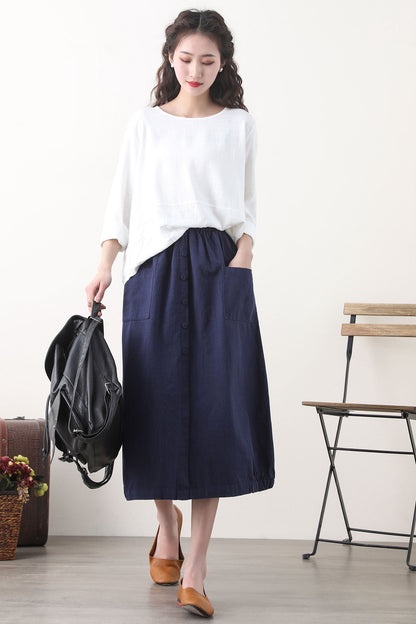 Navy Linen Bubble Skirt with Elastic Waist and Pockets 2579