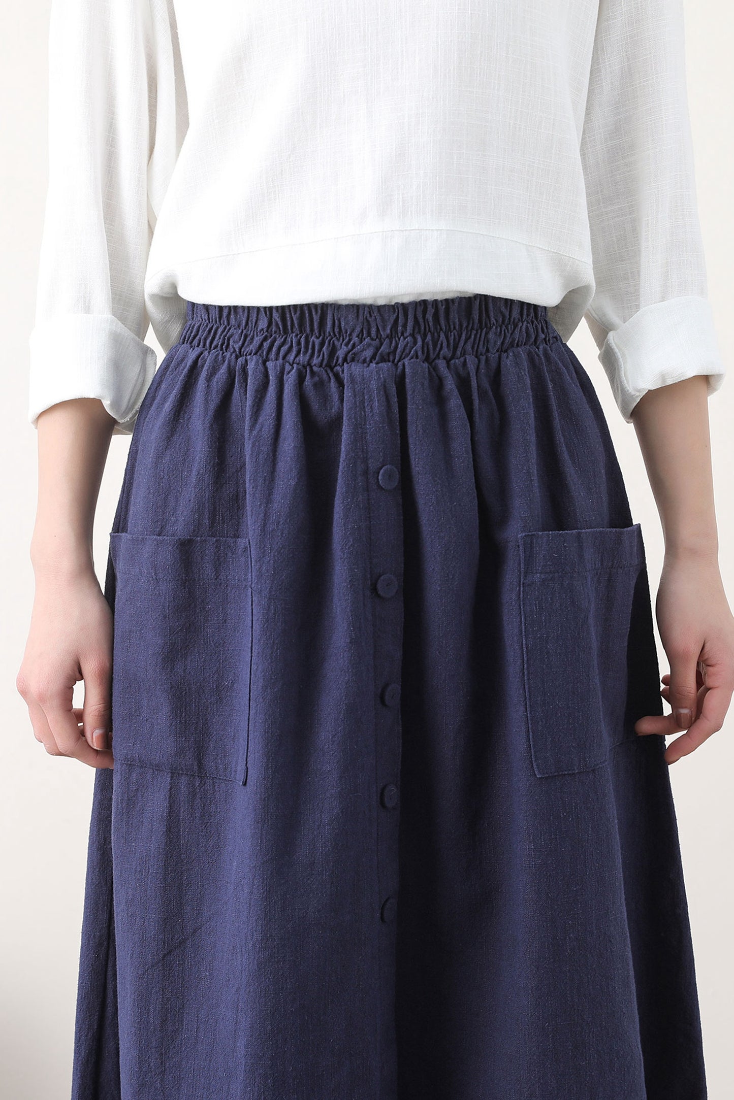 Navy blue linen skirt with pockets 2579