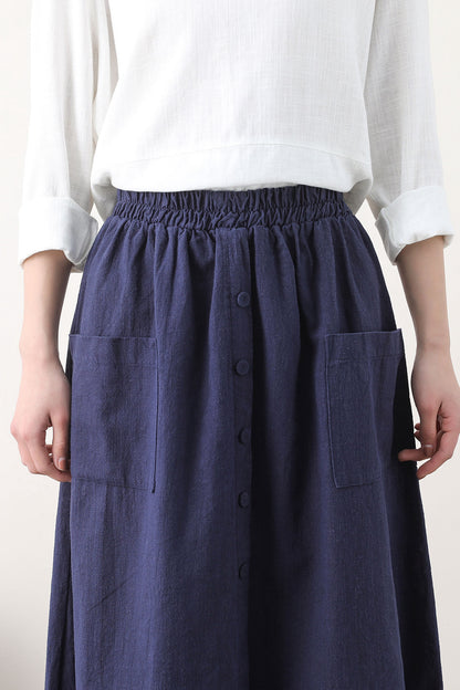 Navy Linen Bubble Skirt with Elastic Waist and Pockets 2579