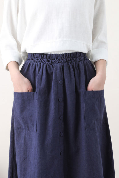 Navy Linen Bubble Skirt with Elastic Waist and Pockets 2579