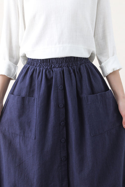 Navy Linen Bubble Skirt with Elastic Waist and Pockets 2579