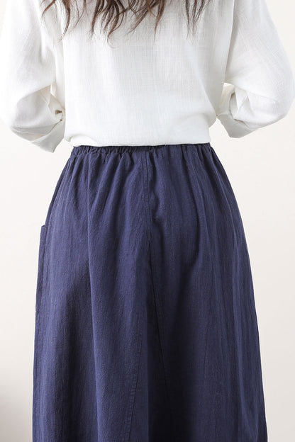 Navy Linen Bubble Skirt with Elastic Waist and Pockets 2579
